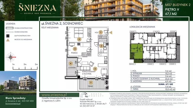 3 pokoje, mieszkanie 67,10 m², piętro 5, oferta nr B37, Śnieżna - Osiedle nad Przemszą, Sosnowiec, Pogoń, ul. Śnieżna 2