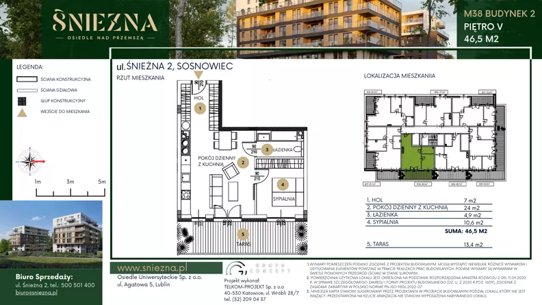 2 pokoje, mieszkanie 46,50 m², piętro 5, oferta nr B38, Śnieżna - Osiedle nad Przemszą, Sosnowiec, Pogoń, ul. Śnieżna 2
