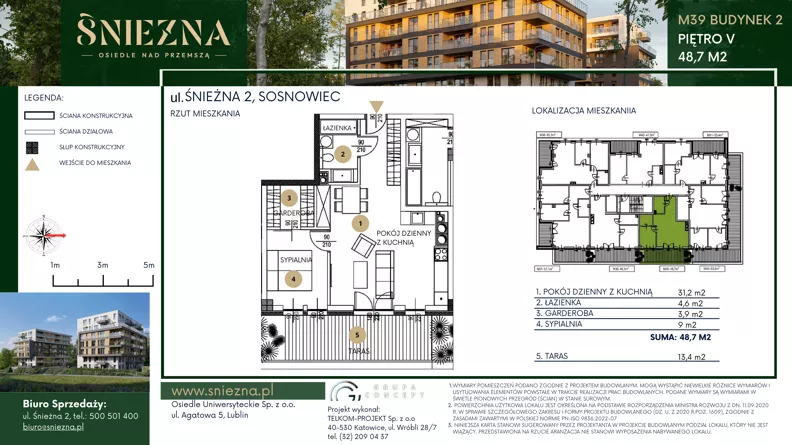 2 pokoje, mieszkanie 48,70 m², piętro 5, oferta nr B39, Śnieżna - Osiedle nad Przemszą, Sosnowiec, Pogoń, ul. Śnieżna 2