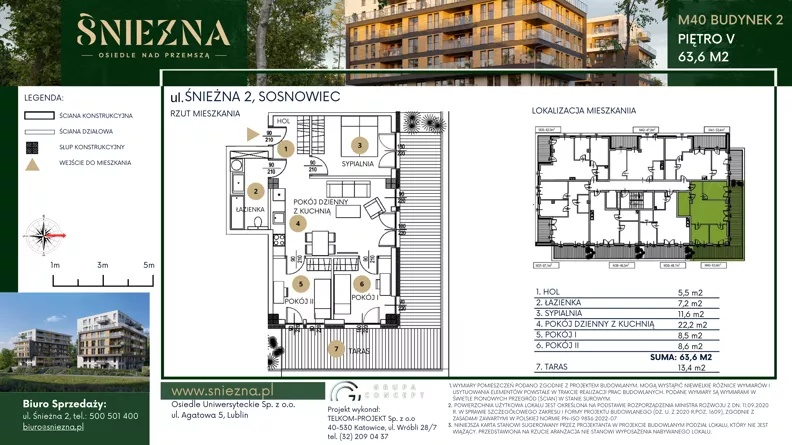 4 pokoje, mieszkanie 63,60 m², piętro 5, oferta nr B40, Śnieżna - Osiedle nad Przemszą, Sosnowiec, Pogoń, ul. Śnieżna 2