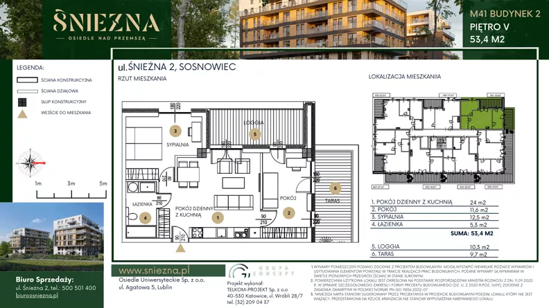 3 pokoje, mieszkanie 53,40 m², piętro 5, oferta nr B41, Śnieżna - Osiedle nad Przemszą, Sosnowiec, Pogoń, ul. Śnieżna 2
