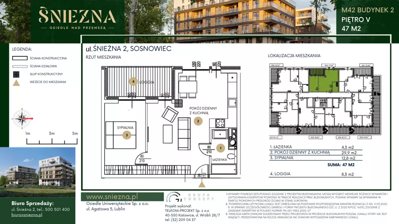 2 pokoje, mieszkanie 47,00 m², piętro 5, oferta nr B42, Śnieżna - Osiedle nad Przemszą, Sosnowiec, Pogoń, ul. Śnieżna 2
