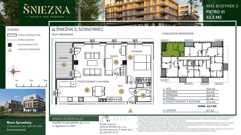 3 pokoje, mieszkanie 62,30 m², piętro 6, oferta nr B43, Śnieżna - Osiedle nad Przemszą, Sosnowiec, Pogoń, ul. Śnieżna 2