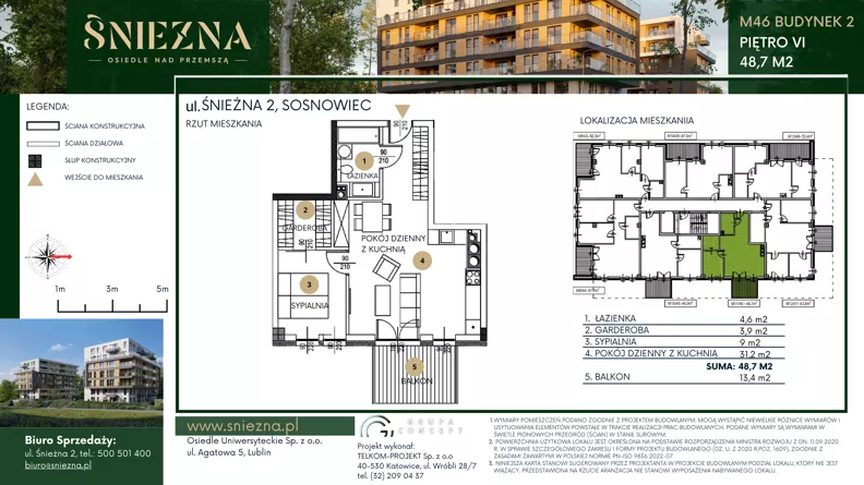 2 pokoje, mieszkanie 48,70 m², piętro 6, oferta nr B46, Śnieżna - Osiedle nad Przemszą, Sosnowiec, Pogoń, ul. Śnieżna 2
