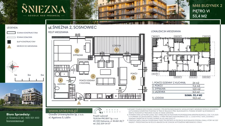 3 pokoje, mieszkanie 53,40 m², piętro 6, oferta nr B48, Śnieżna - Osiedle nad Przemszą, Sosnowiec, Pogoń, ul. Śnieżna 2