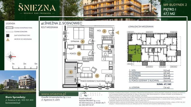 3 pokoje, mieszkanie 67,10 m², piętro 1, oferta nr B09, Śnieżna - Osiedle nad Przemszą, Sosnowiec, Pogoń, ul. Śnieżna 2