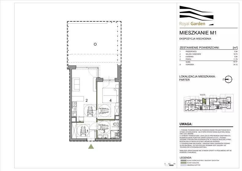 2 pokoje, mieszkanie 42,37 m², parter, oferta nr M1, Royal Garden, Rzeszów, Miłocin, ul. Technologiczna