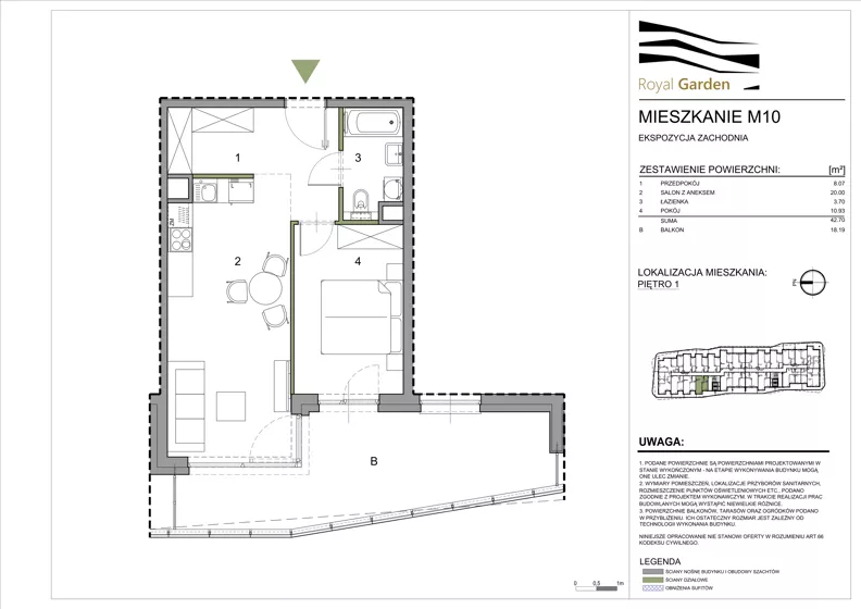 2 pokoje, mieszkanie 42,70 m², piętro 1, oferta nr M10, Royal Garden, Rzeszów, Miłocin, ul. Technologiczna