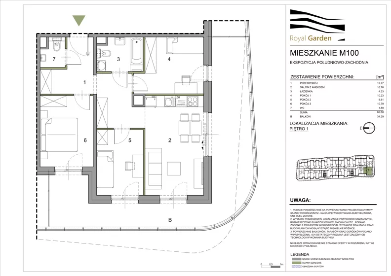 4 pokoje, mieszkanie 65,58 m², piętro 1, oferta nr M100, Royal Garden, Rzeszów, Miłocin, ul. Technologiczna