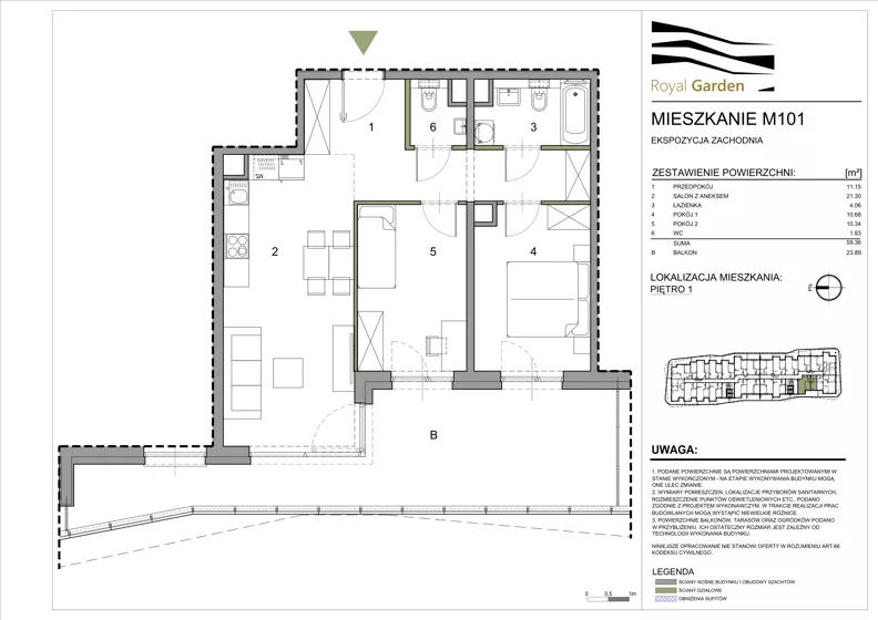 3 pokoje, mieszkanie 59,36 m², piętro 1, oferta nr M101, Royal Garden, Rzeszów, Miłocin, ul. Technologiczna