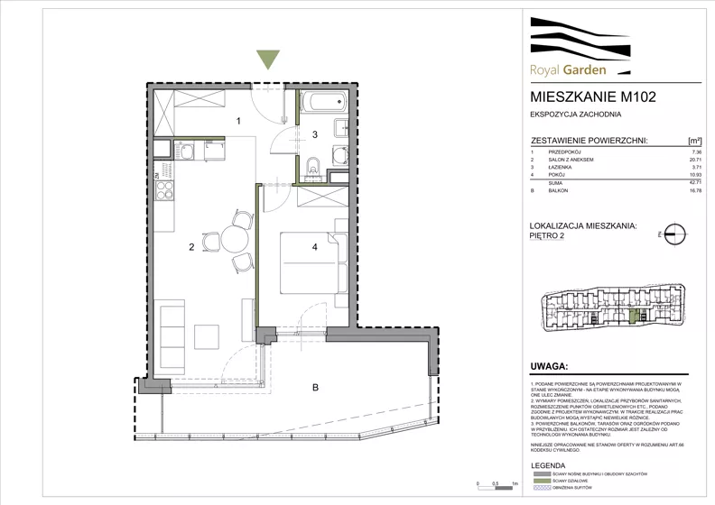 2 pokoje, mieszkanie 42,71 m², piętro 2, oferta nr M102, Royal Garden, Rzeszów, Miłocin, ul. Technologiczna