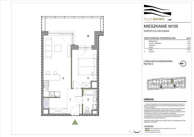 2 pokoje, mieszkanie 42,76 m², piętro 2, oferta nr M105, Royal Garden, Rzeszów, Miłocin, ul. Technologiczna
