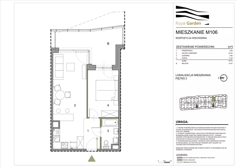 2 pokoje, mieszkanie 43,33 m², piętro 2, oferta nr M106, Royal Garden, Rzeszów, Miłocin, ul. Technologiczna