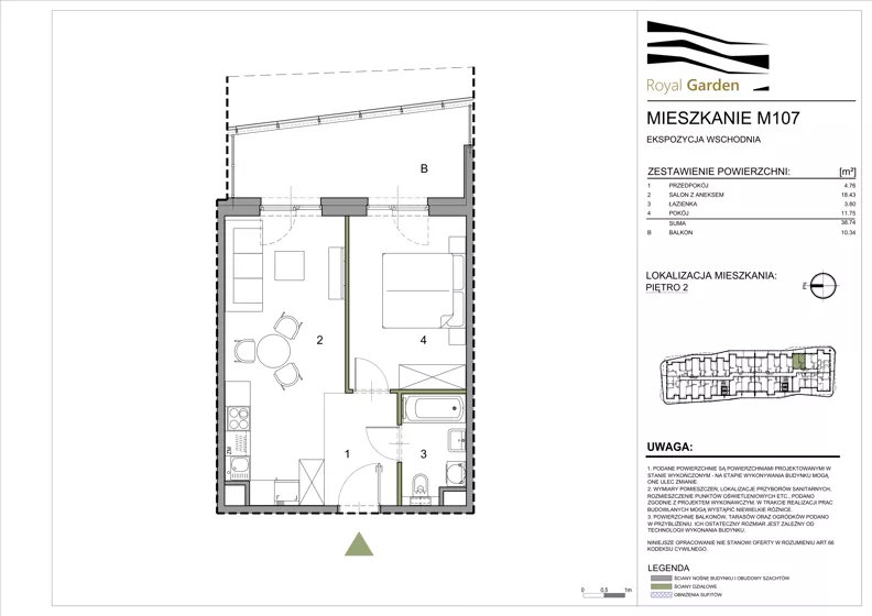2 pokoje, mieszkanie 38,74 m², piętro 2, oferta nr M107, Royal Garden, Rzeszów, Miłocin, ul. Technologiczna