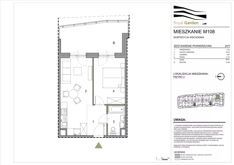 2 pokoje, mieszkanie 38,81 m², piętro 2, oferta nr M108, Royal Garden, Rzeszów, Miłocin, ul. Technologiczna