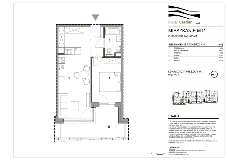 2 pokoje, mieszkanie 43,21 m², piętro 1, oferta nr M11, Royal Garden, Rzeszów, Miłocin, ul. Technologiczna