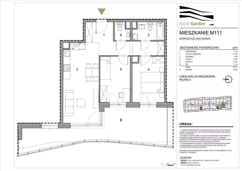 3 pokoje, mieszkanie 59,25 m², piętro 2, oferta nr M111, Royal Garden, Rzeszów, Miłocin, ul. Technologiczna