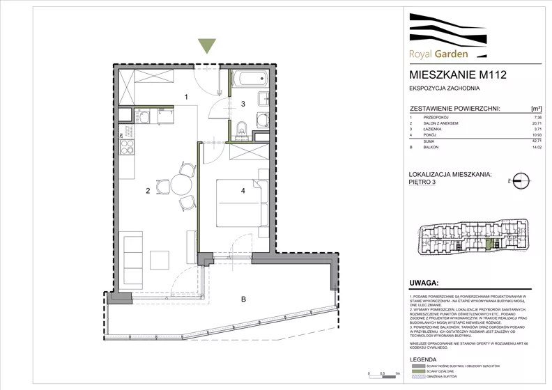 2 pokoje, mieszkanie 42,71 m², piętro 3, oferta nr M112, Royal Garden, Rzeszów, Miłocin, ul. Technologiczna