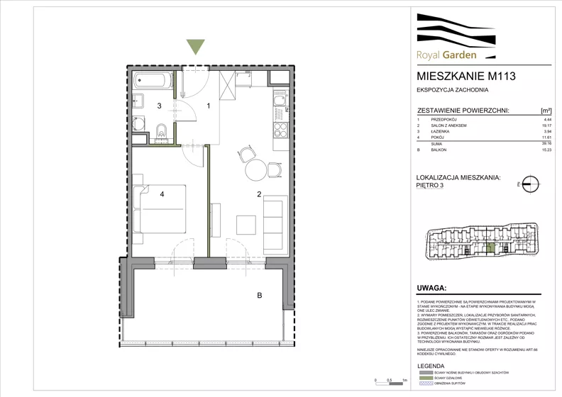 2 pokoje, mieszkanie 39,16 m², piętro 3, oferta nr M113, Royal Garden, Rzeszów, Miłocin, ul. Technologiczna
