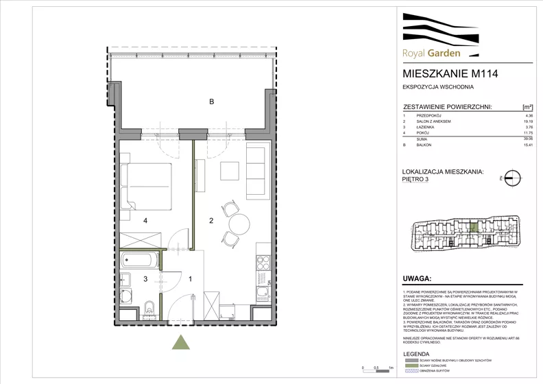 2 pokoje, mieszkanie 39,06 m², piętro 3, oferta nr M114, Royal Garden, Rzeszów, Miłocin, ul. Technologiczna