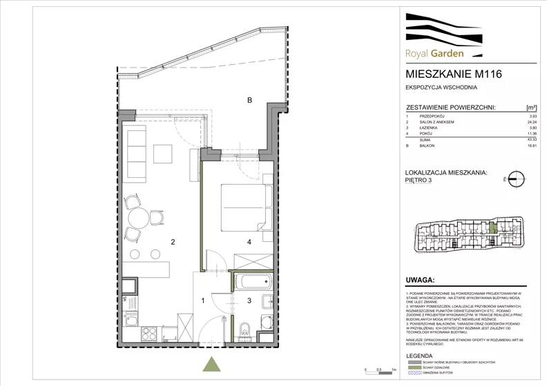 2 pokoje, mieszkanie 43,33 m², piętro 3, oferta nr M116, Royal Garden, Rzeszów, Miłocin, ul. Technologiczna