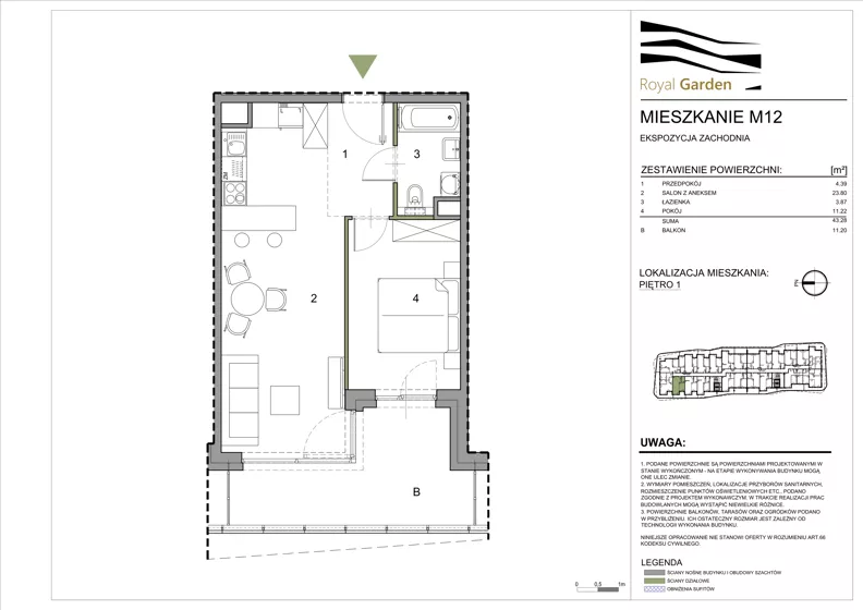 2 pokoje, mieszkanie 43,28 m², piętro 1, oferta nr M12, Royal Garden, Rzeszów, Miłocin, ul. Technologiczna