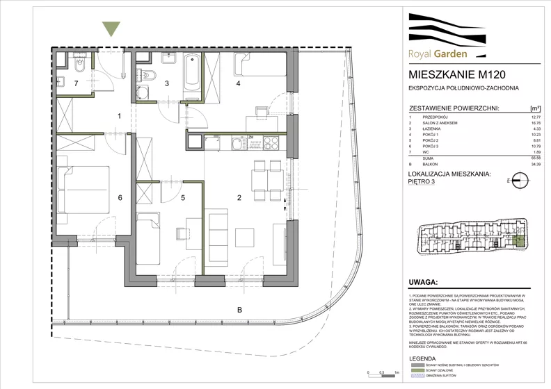 4 pokoje, mieszkanie 65,58 m², piętro 3, oferta nr M120, Royal Garden, Rzeszów, Miłocin, ul. Technologiczna