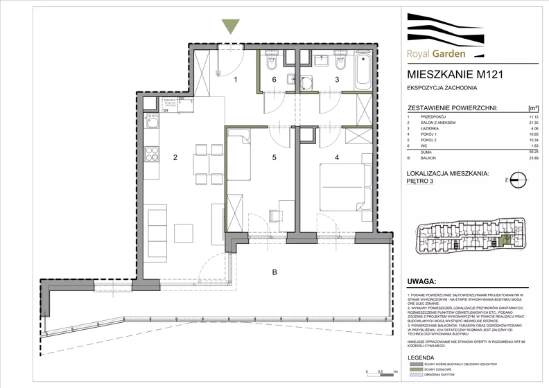 3 pokoje, mieszkanie 59,25 m², piętro 3, oferta nr M121, Royal Garden, Rzeszów, Miłocin, ul. Technologiczna