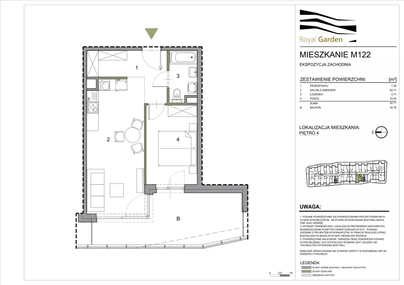 2 pokoje, mieszkanie 42,71 m², piętro 4, oferta nr M122, Royal Garden, Rzeszów, Miłocin, ul. Technologiczna
