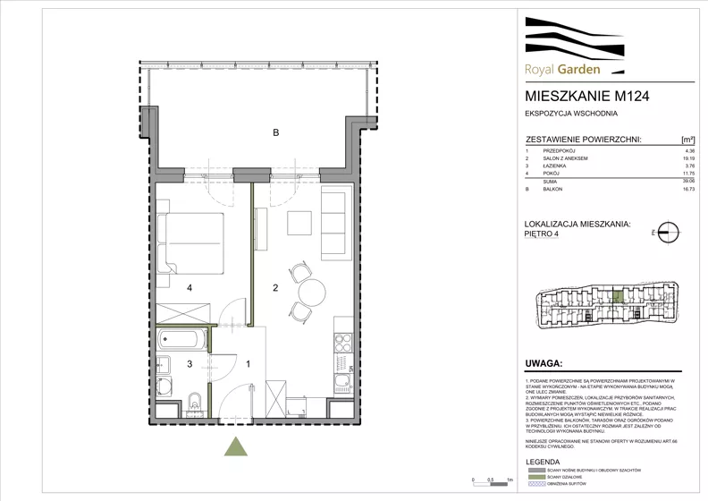 2 pokoje, mieszkanie 39,06 m², piętro 4, oferta nr M124, Royal Garden, Rzeszów, Miłocin, ul. Technologiczna