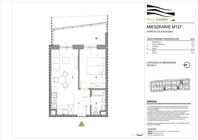 2 pokoje, mieszkanie 38,74 m², piętro 4, oferta nr M127, Royal Garden, Rzeszów, Miłocin, ul. Technologiczna