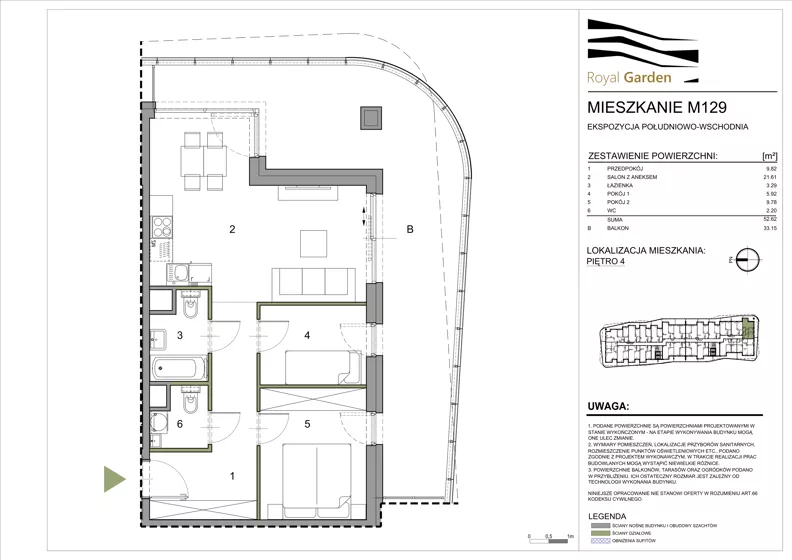 3 pokoje, mieszkanie 52,62 m², piętro 4, oferta nr M129, Royal Garden, Rzeszów, Miłocin, ul. Technologiczna
