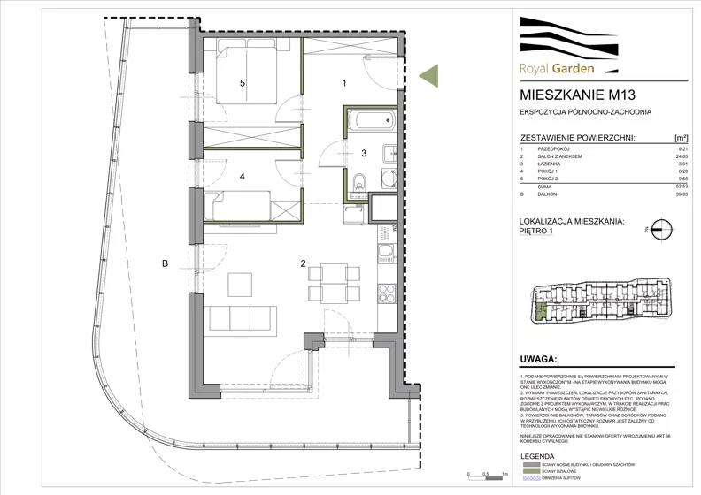 3 pokoje, mieszkanie 53,53 m², piętro 1, oferta nr M13, Royal Garden, Rzeszów, Miłocin, ul. Technologiczna