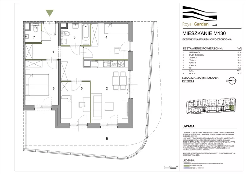 4 pokoje, mieszkanie 65,57 m², piętro 4, oferta nr M130, Royal Garden, Rzeszów, Miłocin, ul. Technologiczna