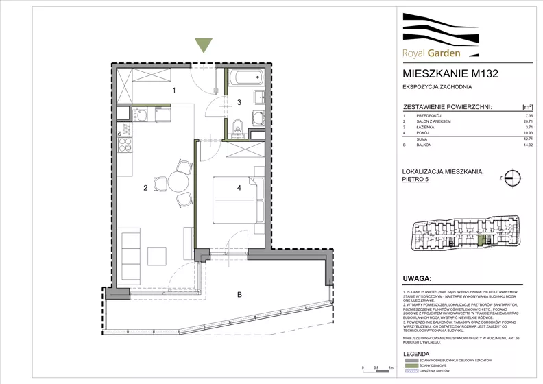 2 pokoje, mieszkanie 42,71 m², piętro 5, oferta nr M132, Royal Garden, Rzeszów, Miłocin, ul. Technologiczna