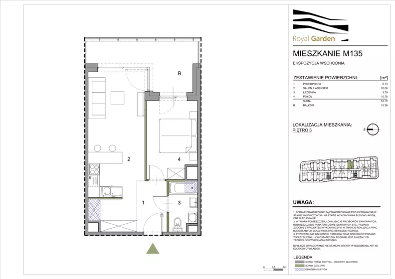 2 pokoje, mieszkanie 42,76 m², piętro 5, oferta nr M135, Royal Garden, Rzeszów, Miłocin, ul. Technologiczna