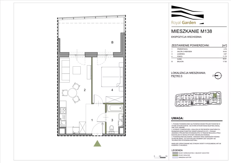 2 pokoje, mieszkanie 38,81 m², piętro 5, oferta nr M138, Royal Garden, Rzeszów, Miłocin, ul. Technologiczna