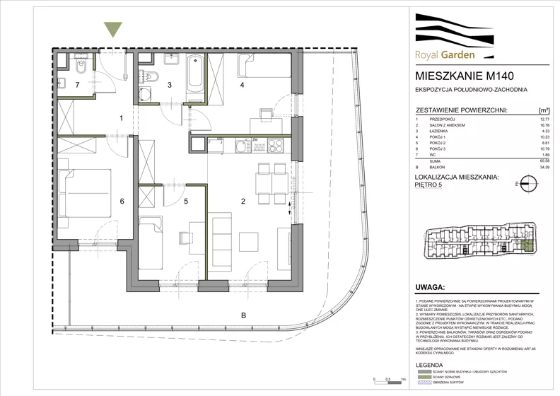 4 pokoje, mieszkanie 65,58 m², piętro 5, oferta nr M140, Royal Garden, Rzeszów, Miłocin, ul. Technologiczna