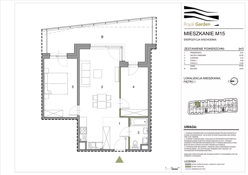 3 pokoje, mieszkanie 57,83 m², piętro 1, oferta nr M15, Royal Garden, Rzeszów, Miłocin, ul. Technologiczna
