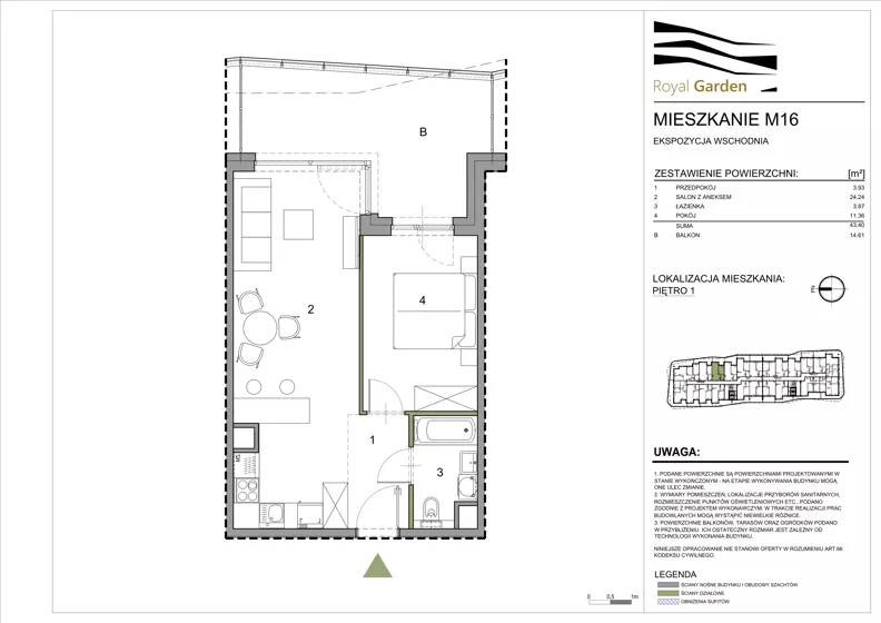2 pokoje, mieszkanie 43,40 m², piętro 1, oferta nr M16, Royal Garden, Rzeszów, Miłocin, ul. Technologiczna