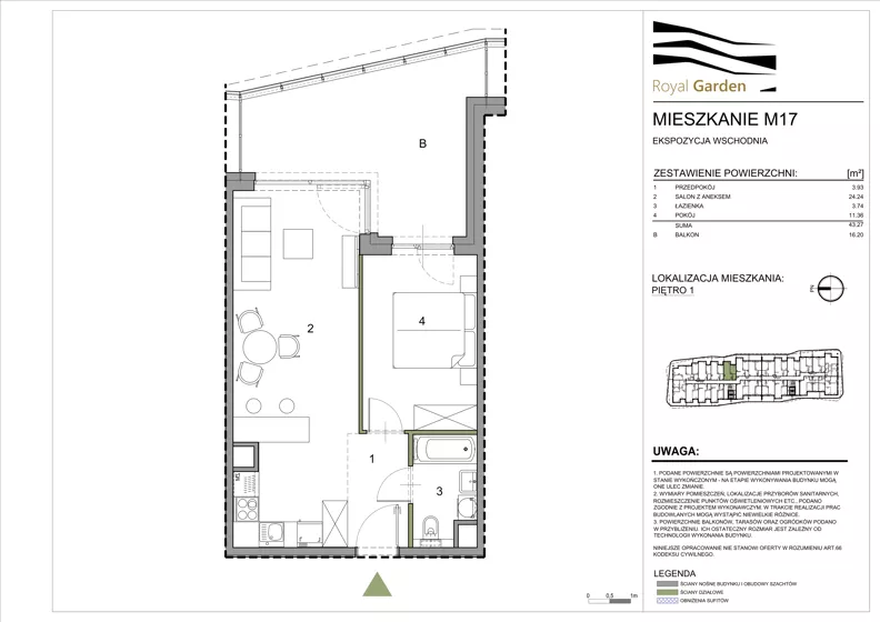 2 pokoje, mieszkanie 43,27 m², piętro 1, oferta nr M17, Royal Garden, Rzeszów, Miłocin, ul. Technologiczna