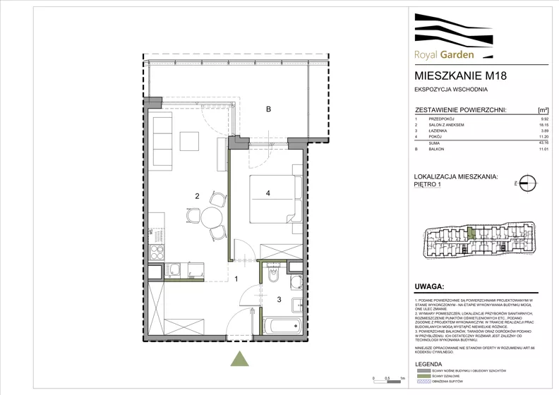 2 pokoje, mieszkanie 43,16 m², piętro 1, oferta nr M18, Royal Garden, Rzeszów, Miłocin, ul. Technologiczna