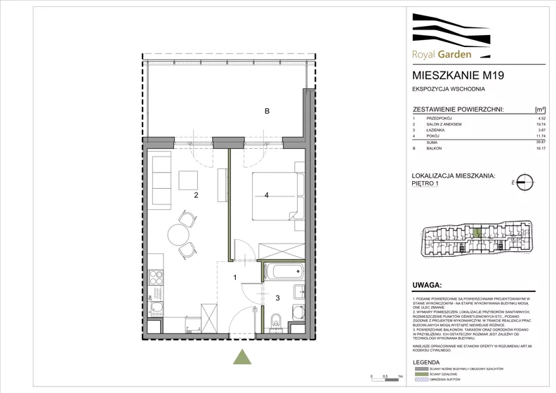 2 pokoje, mieszkanie 39,87 m², piętro 1, oferta nr M19, Royal Garden, Rzeszów, Miłocin, ul. Technologiczna