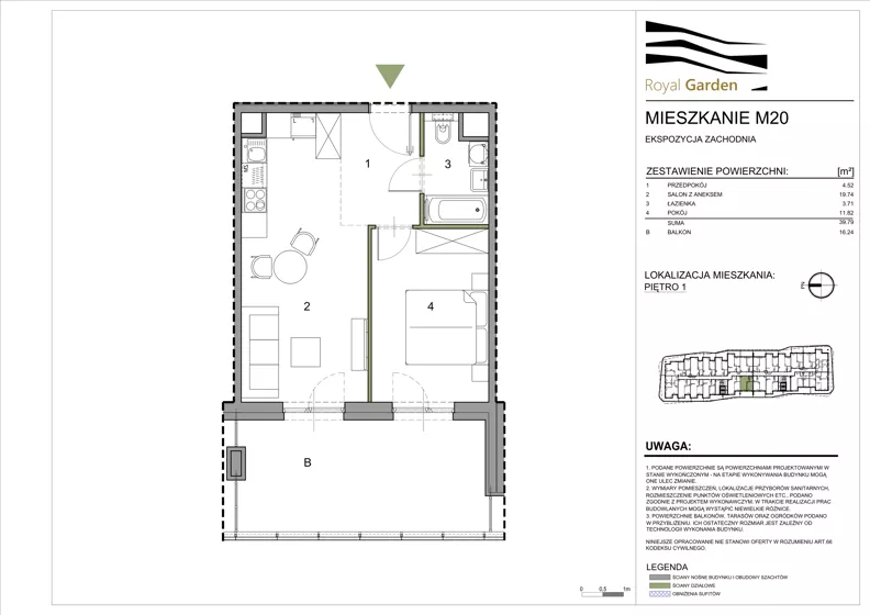 2 pokoje, mieszkanie 39,79 m², piętro 1, oferta nr M20, Royal Garden, Rzeszów, Miłocin, ul. Technologiczna