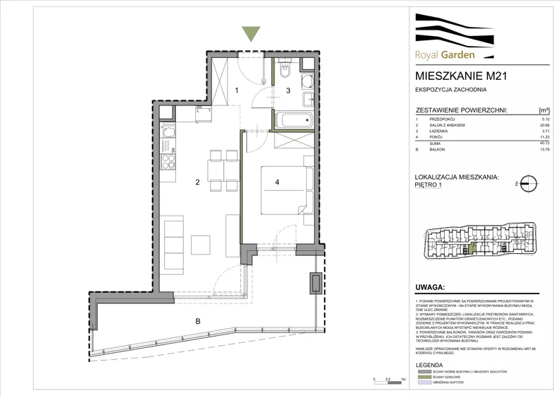 2 pokoje, mieszkanie 40,72 m², piętro 1, oferta nr M21, Royal Garden, Rzeszów, Miłocin, ul. Technologiczna