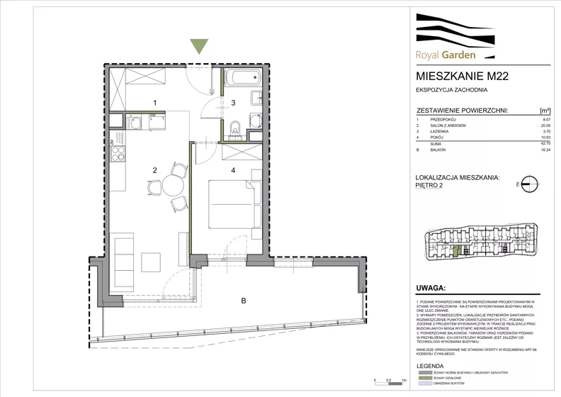 2 pokoje, mieszkanie 42,70 m², piętro 2, oferta nr M22, Royal Garden, Rzeszów, Miłocin, ul. Technologiczna