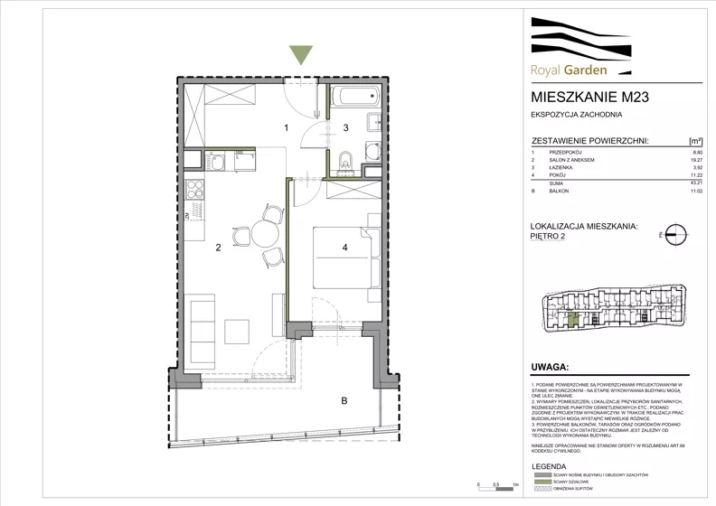 2 pokoje, mieszkanie 43,21 m², piętro 2, oferta nr M23, Royal Garden, Rzeszów, Miłocin, ul. Technologiczna