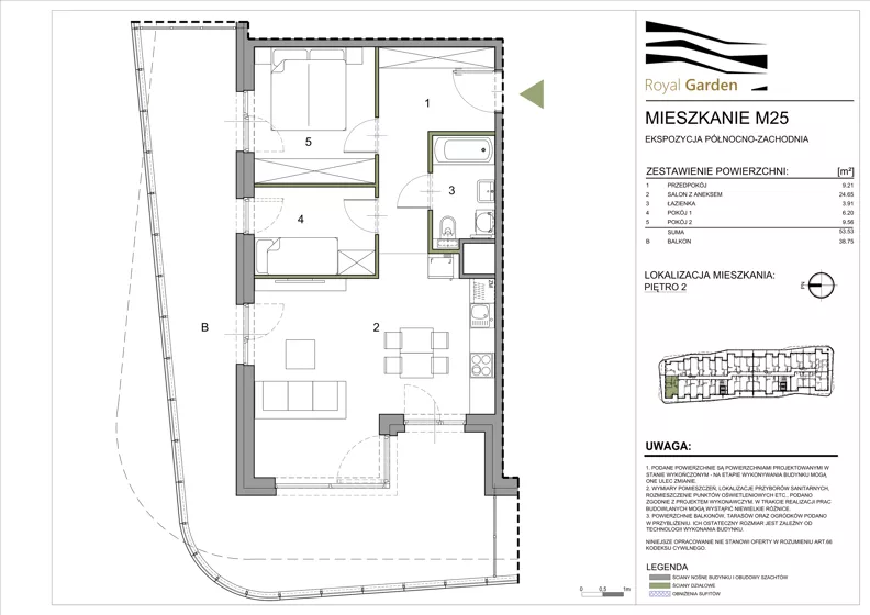 3 pokoje, mieszkanie 53,53 m², piętro 2, oferta nr M25, Royal Garden, Rzeszów, Miłocin, ul. Technologiczna