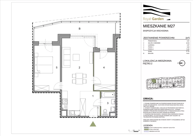 3 pokoje, mieszkanie 57,85 m², piętro 2, oferta nr M27, Royal Garden, Rzeszów, Miłocin, ul. Technologiczna