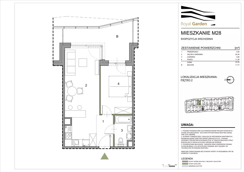 2 pokoje, mieszkanie 43,38 m², piętro 2, oferta nr M28, Royal Garden, Rzeszów, Miłocin, ul. Technologiczna